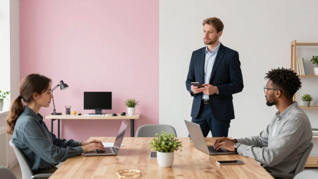 Professional leading meeting and person working remotely.
