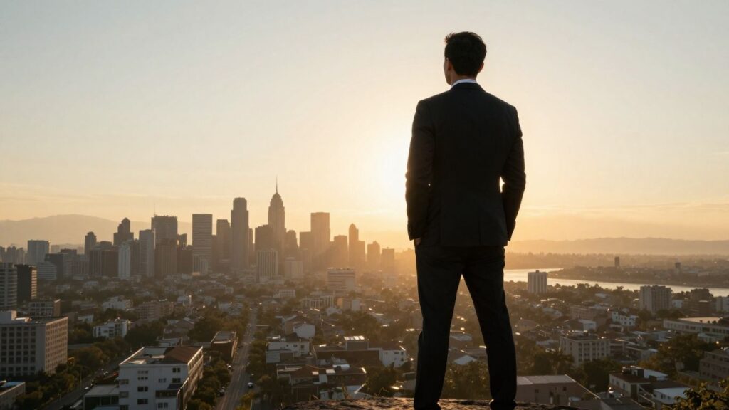 Leader overlooking cityscape at sunrise for revenue growth.