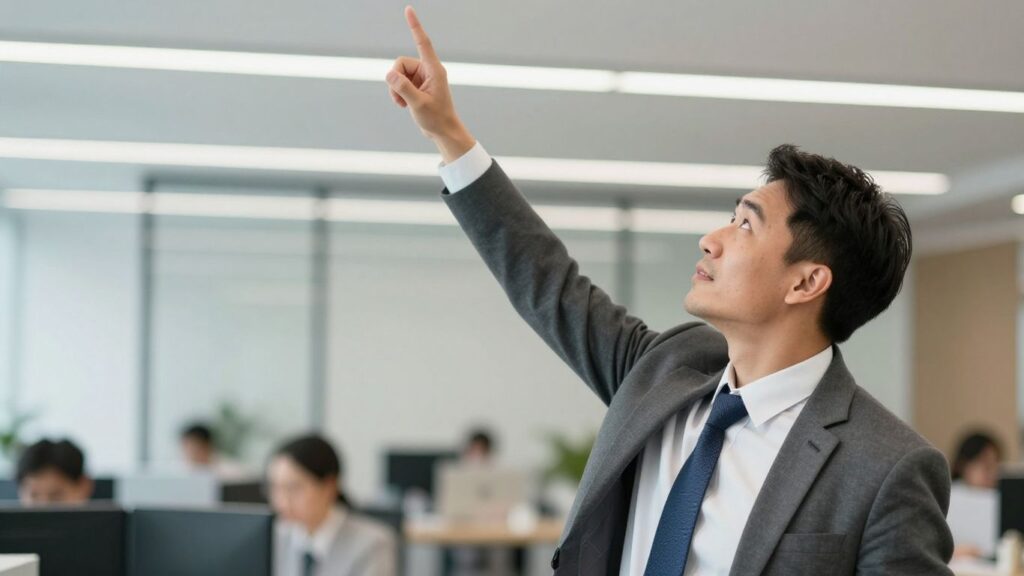 Professional pointing upwards, indicating growth and success.