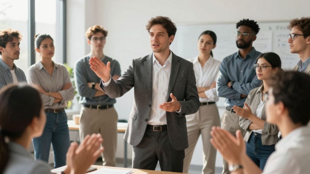 Leader guiding a team towards sales success.