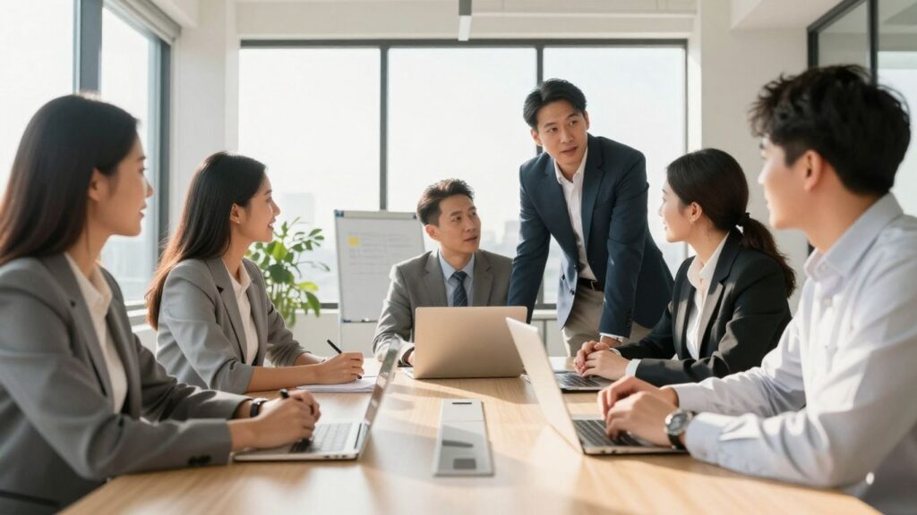 Business professionals collaborating in a modern office.