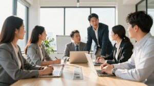 Business professionals collaborating in a modern office.