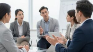 Business professionals collaborating in a modern office setting.