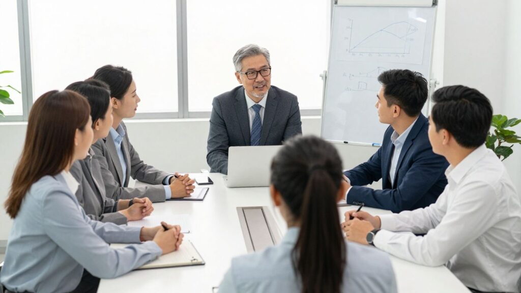 Team discussing sales leadership strategies in a modern office.