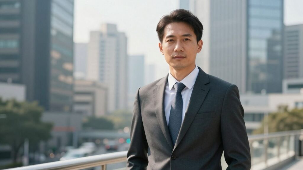 SaaS executive looking confident in a modern office setting.