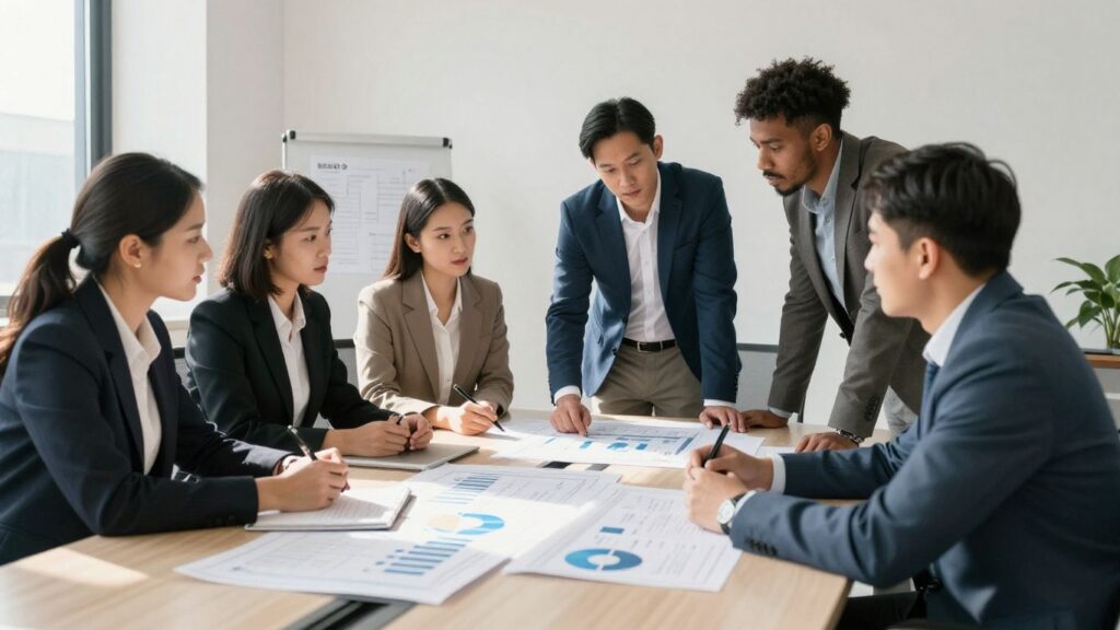 Business leaders strategizing in a modern office setting.