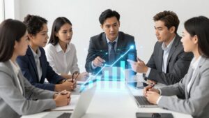Diverse team collaborating, digital network, growing business chart.