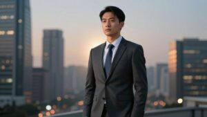 Chief Business Officer in suit with city background.