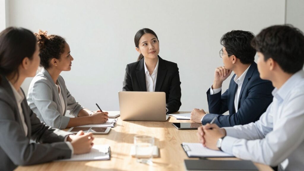 Team collaborating with a sales manager for business growth.