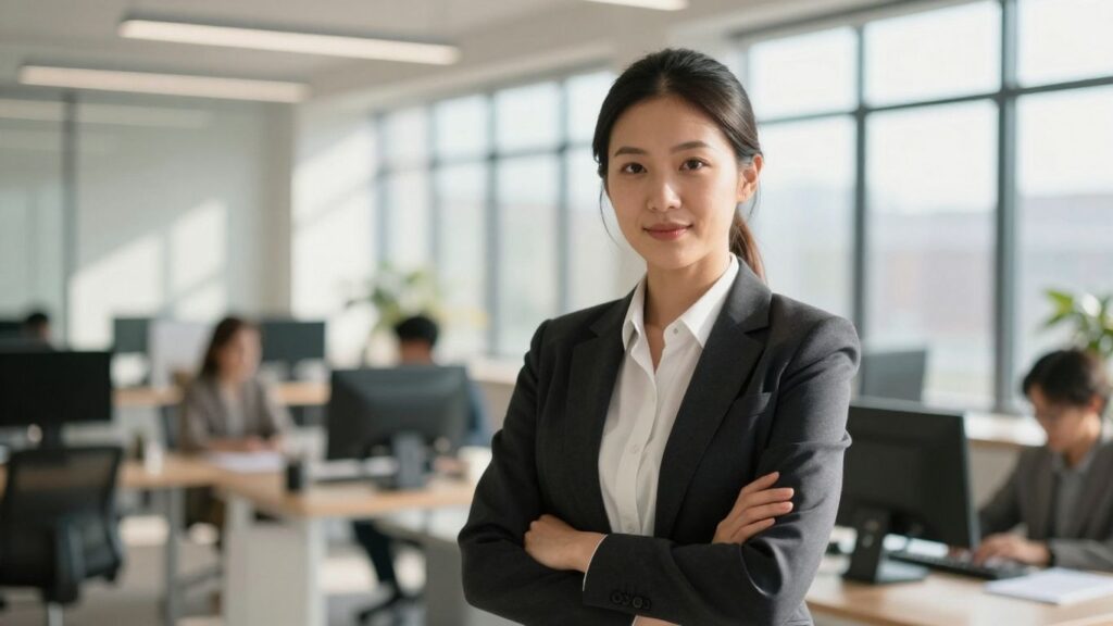 Confident business leader in modern office setting.