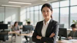 Confident business leader in modern office setting.