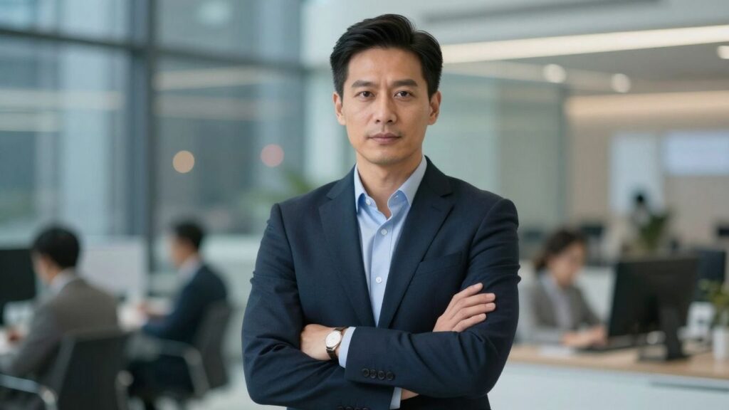 Executive in modern office, city lights blurred in background.