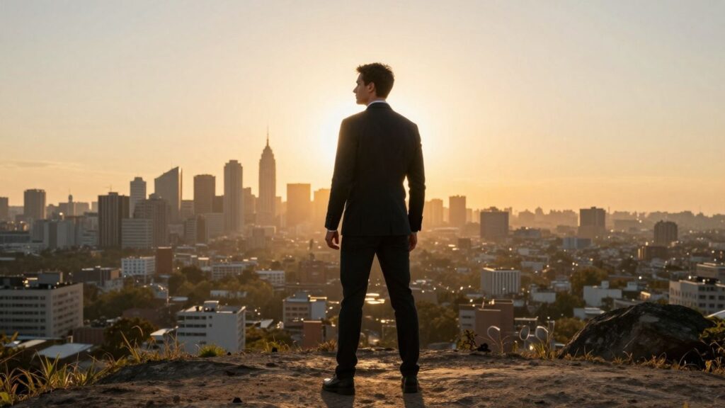 Leader overlooking cityscape at sunrise for revenue growth.