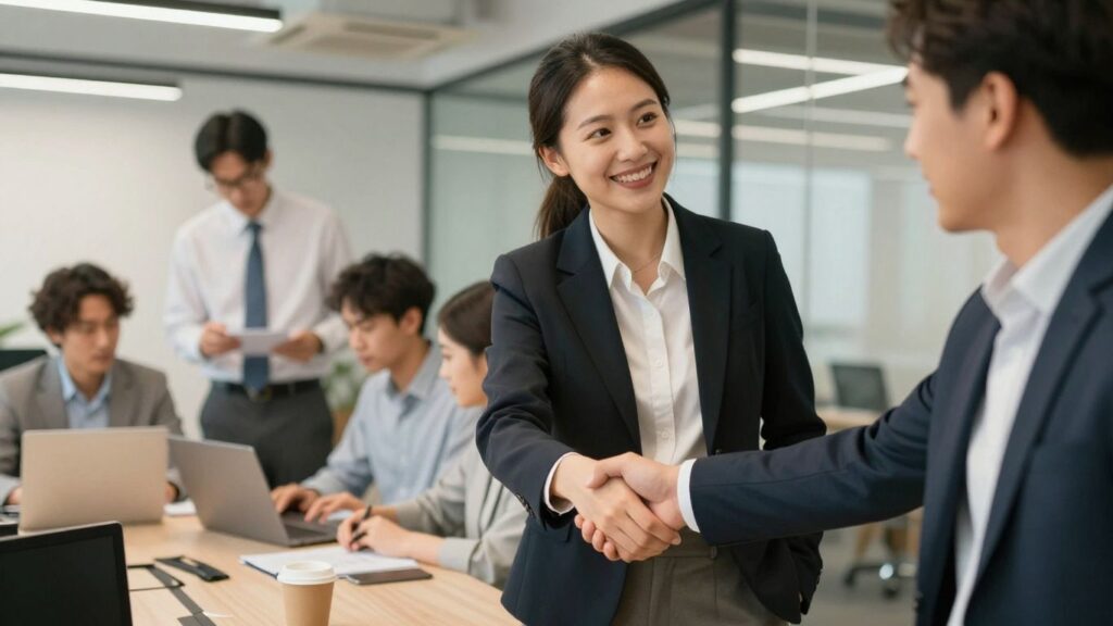 Business leaders handshake in modern office setting
