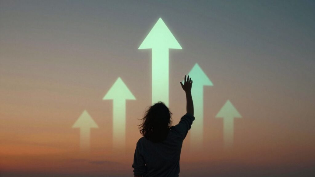 Person reaching up towards success with glowing elements.