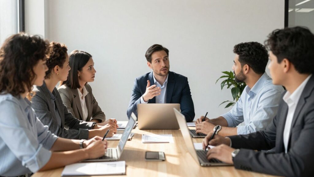 Business leaders collaborating in a modern office.