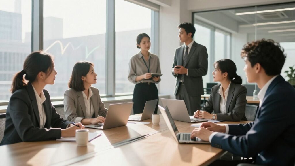 Tech leaders discussing growth strategies in a bright office.