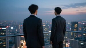Professional overlooking cityscape, strategic risk management
