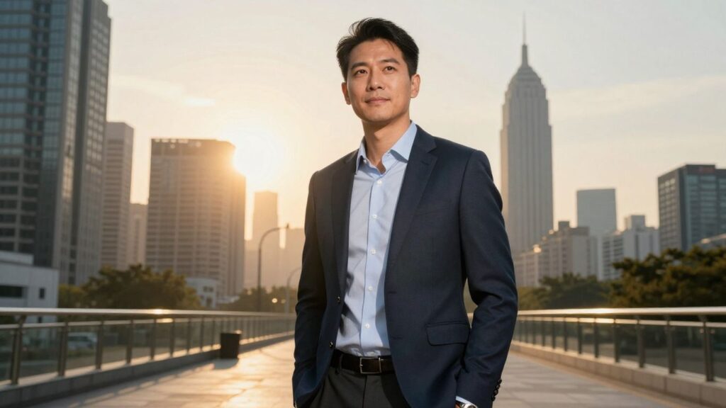 SaaS executive overlooking city, symbolizing growth and profitability.