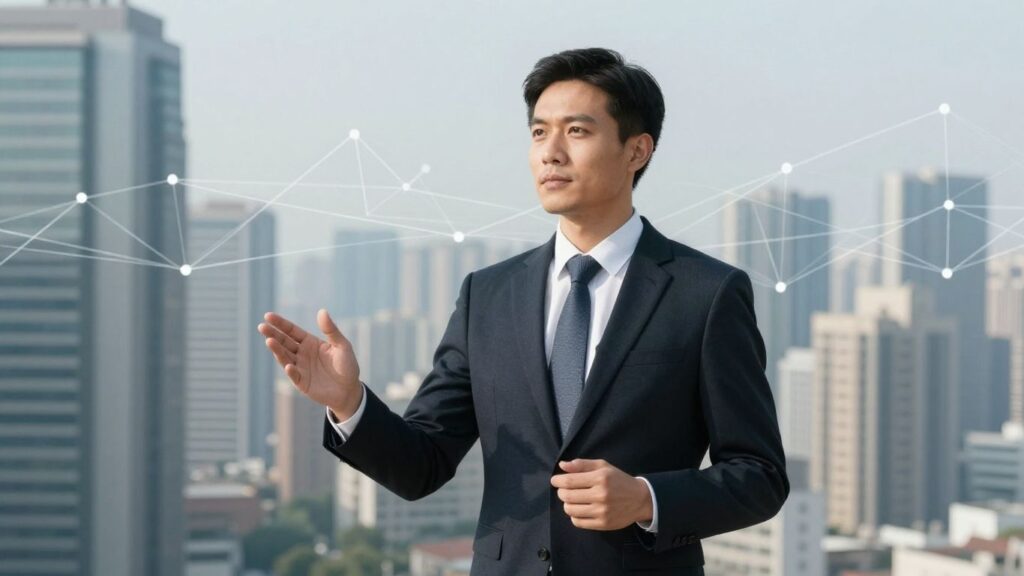 SaaS sales leader with cityscape and network background.