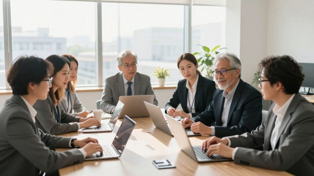 Professionals working in a modern office, some older.