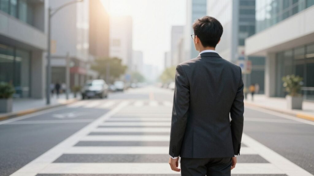 Professional at a crossroads, looking towards a growth path.