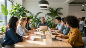 Business professionals collaborating in a modern office space.