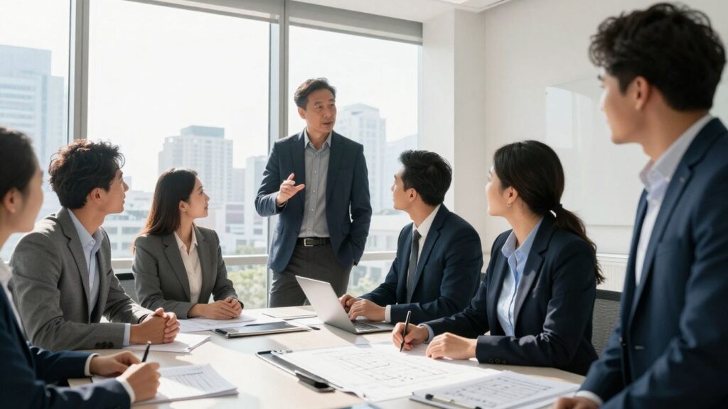 Diverse professionals in a modern office discussing strategy.