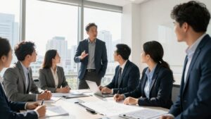 Diverse professionals in a modern office discussing strategy.