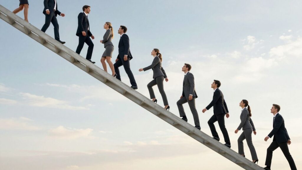 Professionals climbing an abstract ladder towards a bright sky.