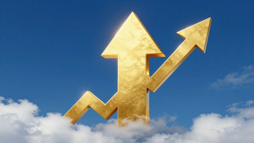 Upward arrow breaking through clouds, symbolizing growth.