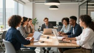 Team collaborating in a modern office, achieving growth.