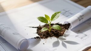 Cracked blueprint with a plant growing through it.