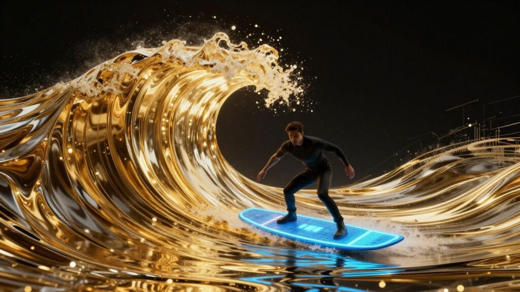 A businessman surfing a wave of golden light in digital space.