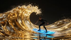 A businessman surfing a wave of golden light in digital space.