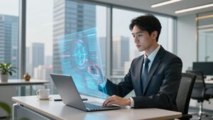 A salesperson collaborates with a holographic AI helper in a sleek office.