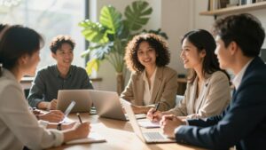 People collaborating in a bright, modern office space.