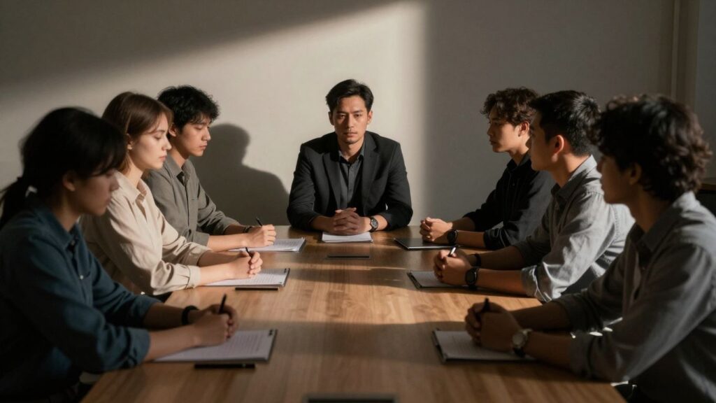 Team members disconnected around a conference table.