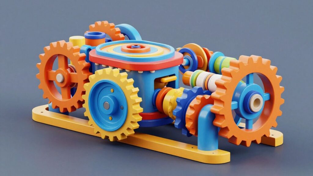 Abstract machine with gears and interconnected parts.