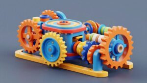 Abstract machine with gears and interconnected parts.