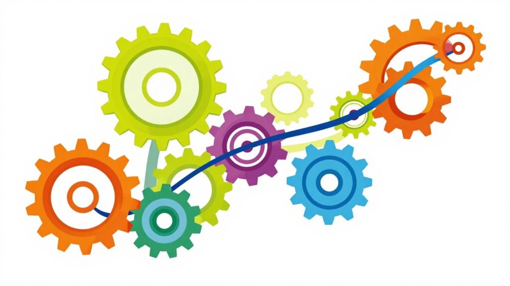 Interconnected gears and flowing pathways for B2B growth.