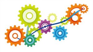 Interconnected gears and flowing pathways for B2B growth.