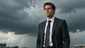 Businessperson facing adversity, symbolizing accountability and growth.