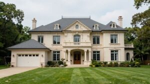 Executive mansion versus modest house, illustrating pay gap.