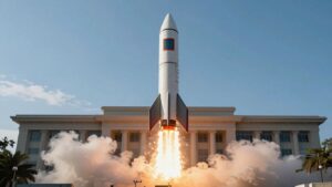 Rocket launching with government buildings in background