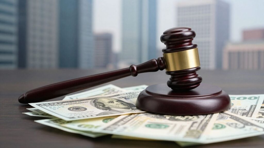 Gavel on money with cityscape background