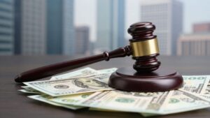 Gavel on money with cityscape background