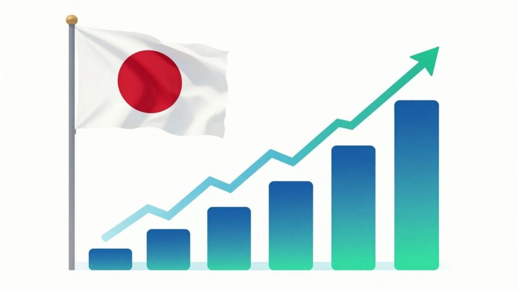 Japanese flag and abstract stock growth graphic.
