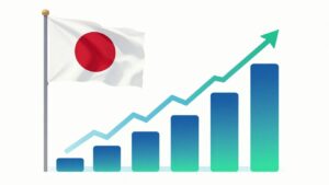 Japanese flag and abstract stock growth graphic.